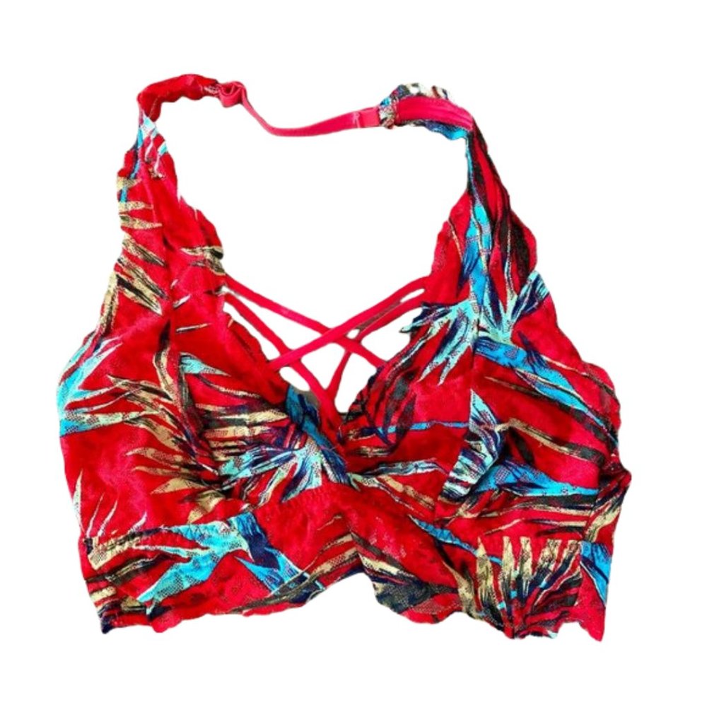VS Pink Red Tropical Strappy Halter Bralette